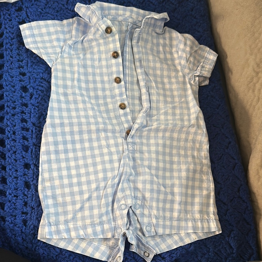 Blue and White Gingham Baby Romper